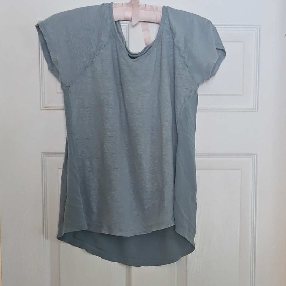 Cynthia Rowley Green and Blue Asymmetrical Cap Sleeve Tee